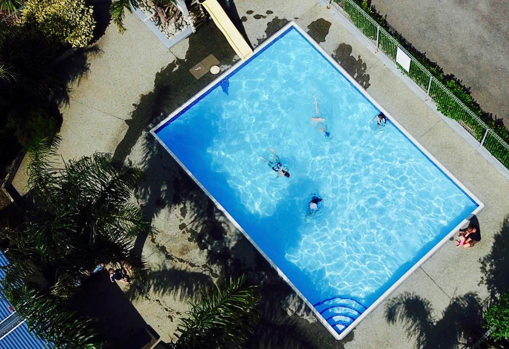 an overhead view of a large swimming pool with people in it at Coromandel TOP 10 Holiday Park in Coromandel Town