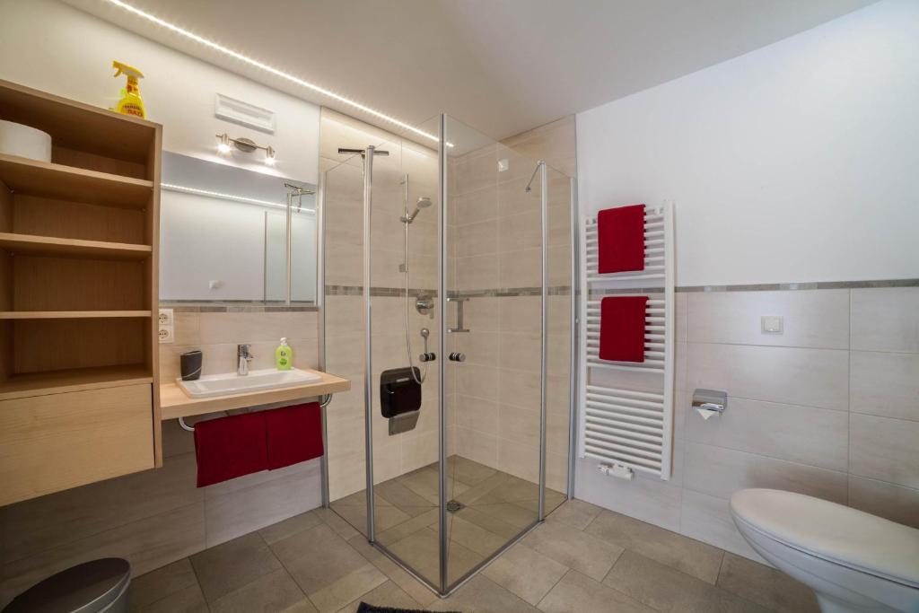 W łazience znajduje się prysznic, umywalka i toaleta. w obiekcie Ferienwohnung Haus Fliri w mieście Melago