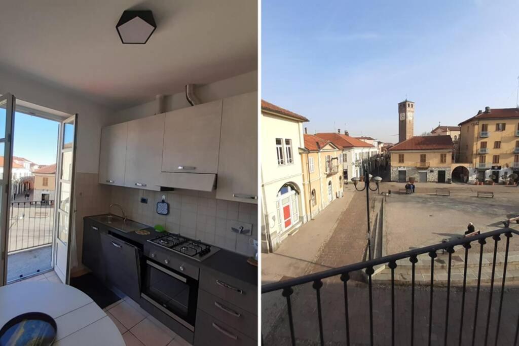 two pictures of a kitchen with a view of a street at GRU HOME Cozy home very central,refined,5 beds,box in Grugliasco