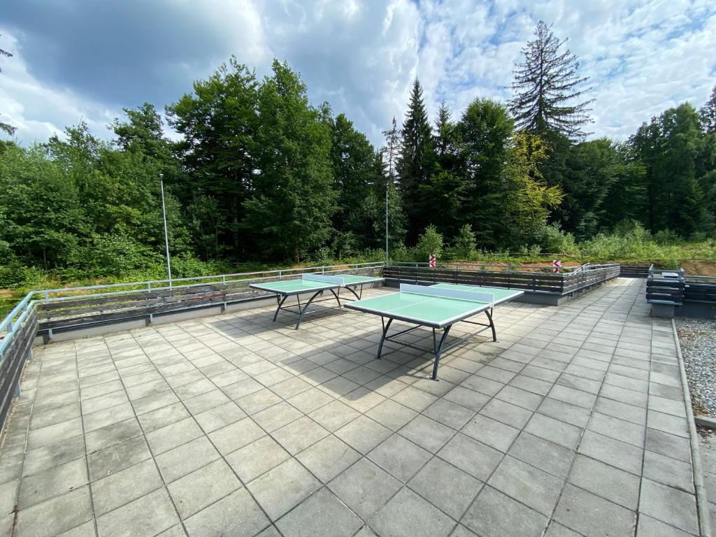 two ping pong tables sitting on top of a patio at Silver Mountain C24 Royal in Poiana Brasov