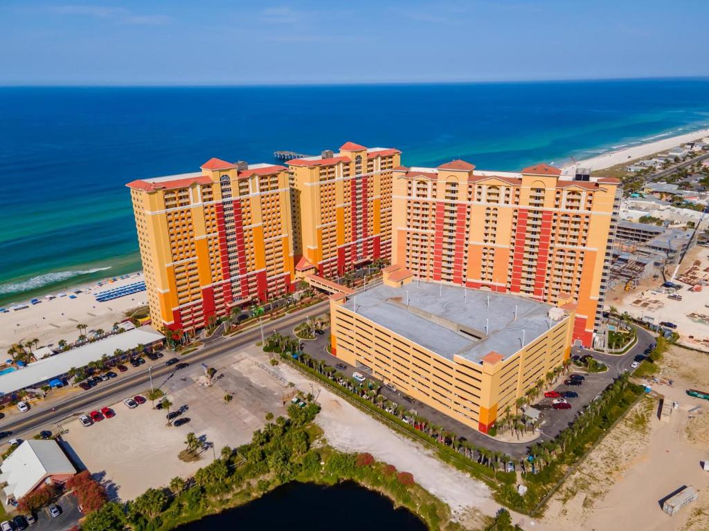 an overhead view of a hotel on the beach at Calypso Resort Tower 3 in Panama City Beach
