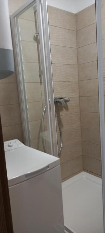 W łazience znajduje się prysznic ze szklanymi drzwiami. w obiekcie Ikon w Siófoku