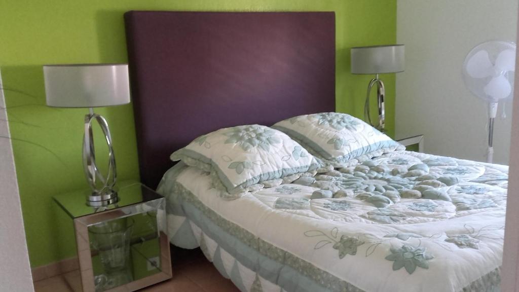 a bedroom with a bed with green walls and two lamps at Location chambre 2 personnes chez Angela in Cannes