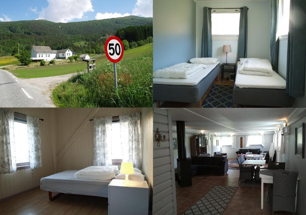 a collage of pictures of a room with two beds at 5 bedrooms, large apartment on farm, nice view and nature in Herand
