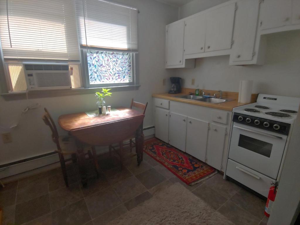 uma cozinha com uma mesa, um fogão e um lavatório em Va Beach Zen tree house style studio F em Virginia Beach