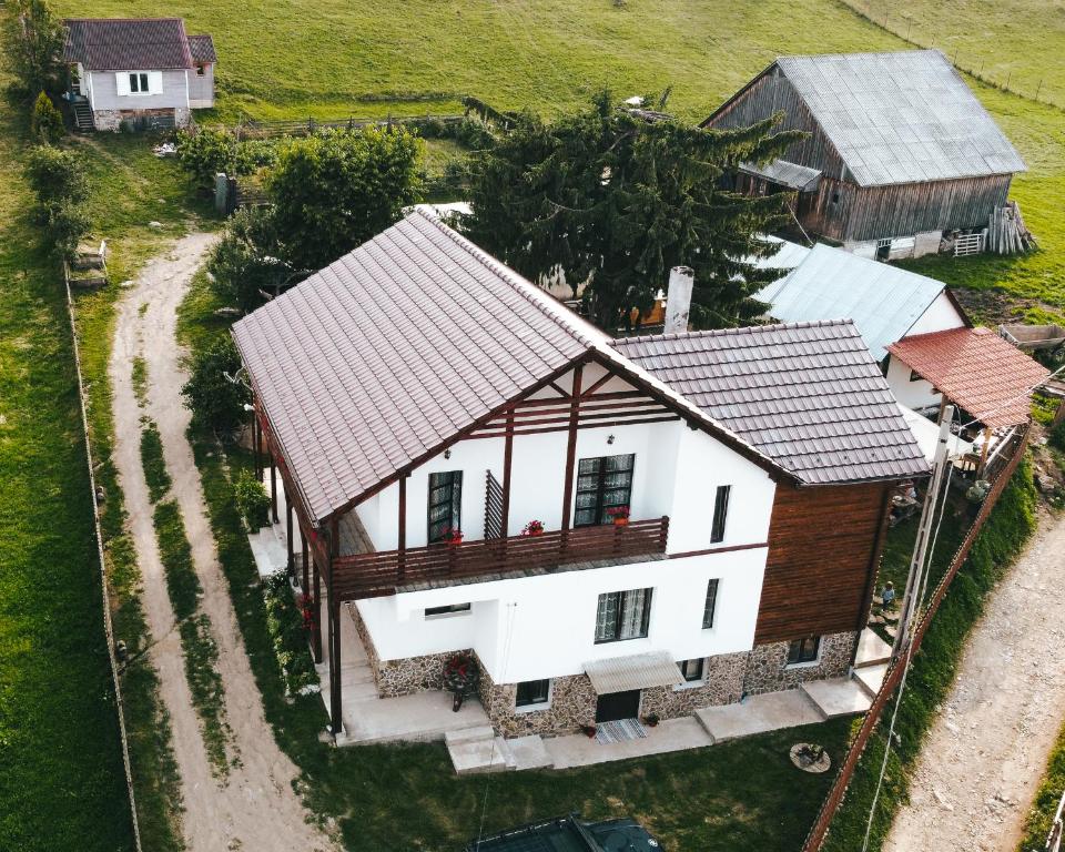 an aerial view of a house in a field at Pensiunea Maris, Maguri, Maguri-Racatau in Bogdăneşti