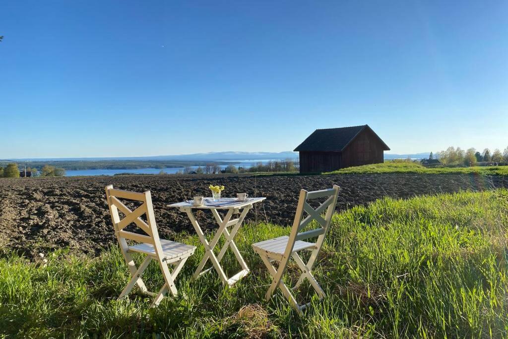 two chairs and a table in a field with a barn at Mysigt härbre med fantastisk utsikt! in Östersund