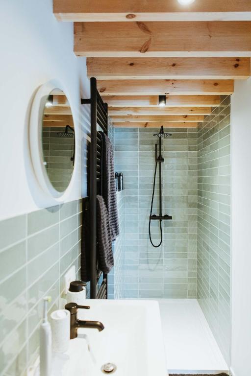 bagno con doccia, lavandino e specchio di Musa Antwerp ad Anversa