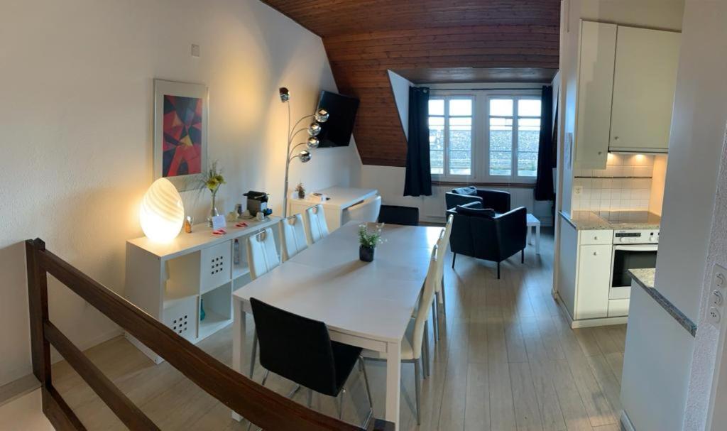 eine Küche und ein Wohnzimmer mit einem weißen Tisch und Stühlen in der Unterkunft Residence Vue Chateau in Neuenburg