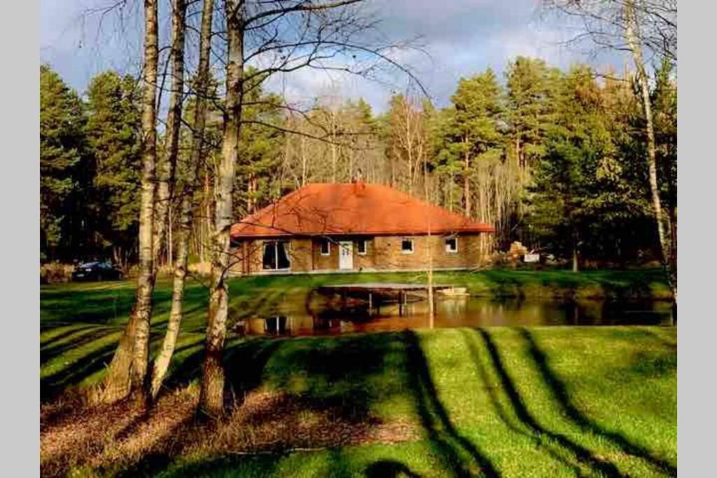 a house with a red roof in the middle of a forest at Forest house for family in Lebeniškiai