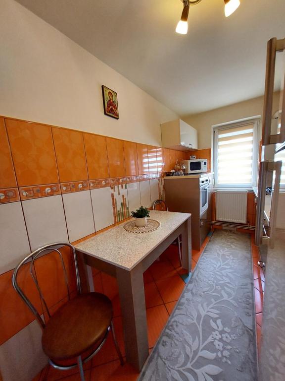 eine Küche mit einem Tisch und Stühlen in der Unterkunft Apartament Akim in Târgu Ocna