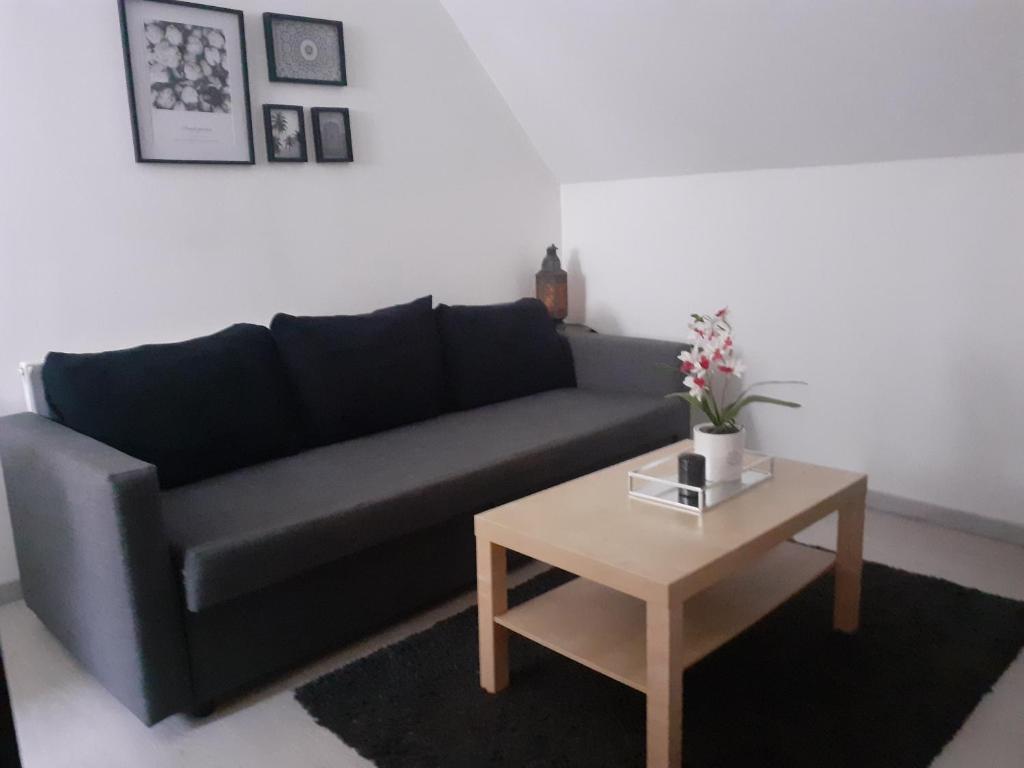 a living room with a black couch and a coffee table at Studio chaleureux Beauvais-centre, gare et proche Aéroport in Beauvais