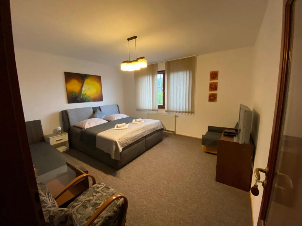 - une chambre avec un lit et une télévision dans l'établissement Brezno 2 izbovy Apartman Sabi, à Brezno