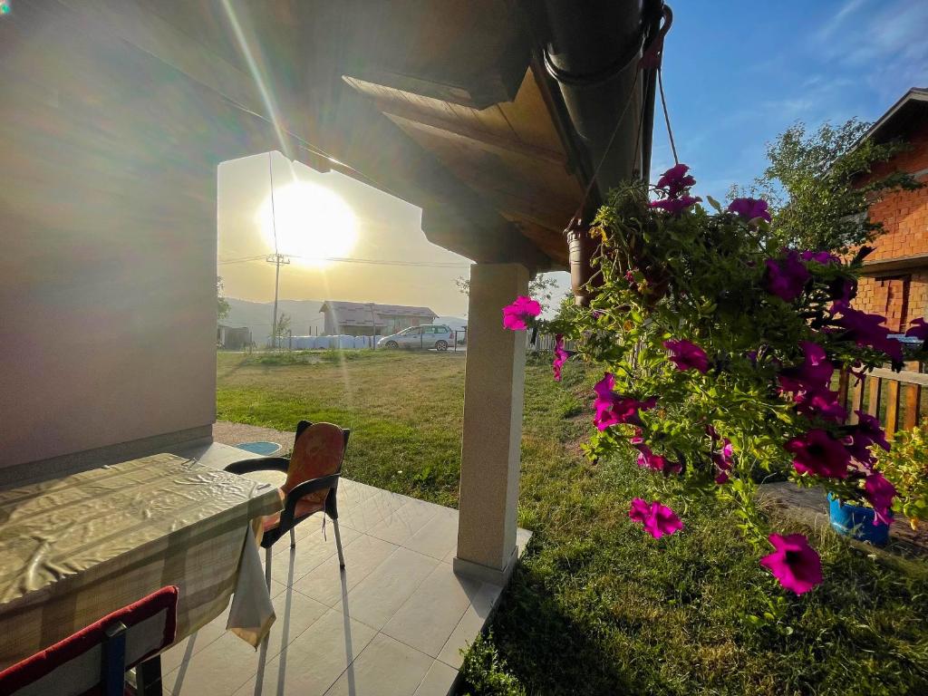 茲拉蒂博爾的住宿－Vikendica Kostic，享有带鲜花和桌子的庭院的景色。