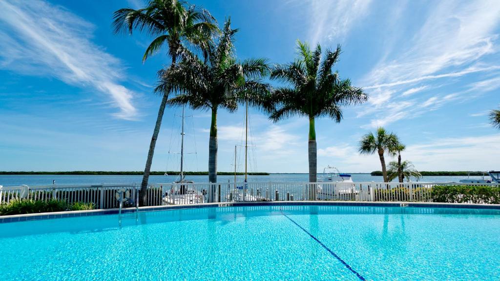 a swimming pool with palm trees and a body of water at Harbor Villa Club 206 in Longboat Key