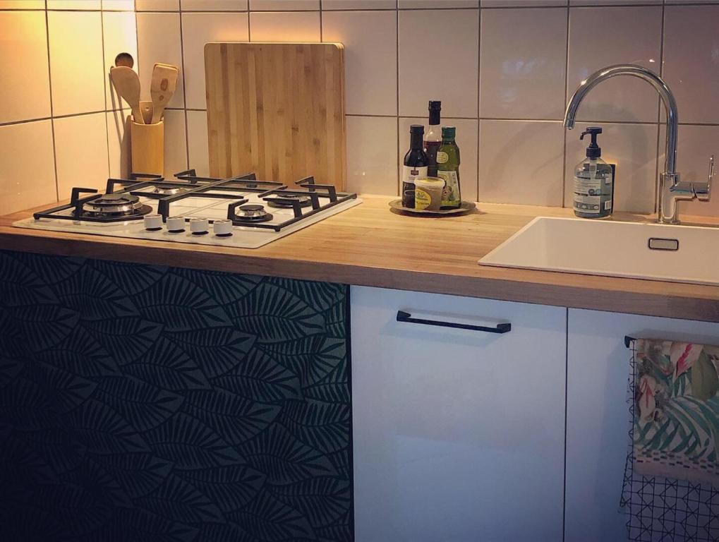 a kitchen counter with a stove and a sink at Coin Paradis in Anse-Bertrand