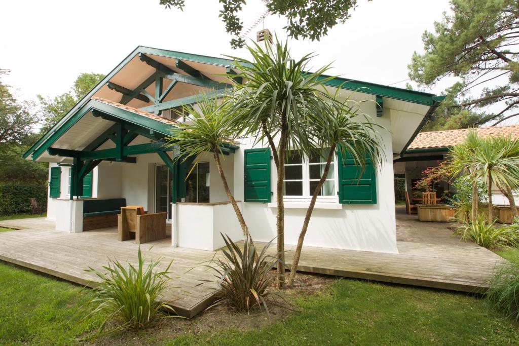 a house with green shutters and a palm tree at Central Villa 200 m from the beach in Soorts-Hossegor