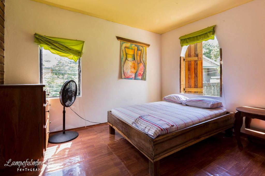 een slaapkamer met een bed, een ventilator en ramen bij Bella's Backpackers Cayo in San Ignacio
