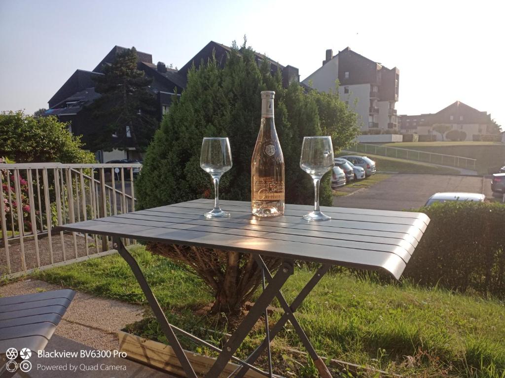 una bottiglia e due bicchieri di vino seduti su un tavolo da picnic di L'annexe a Courseulles-sur-Mer
