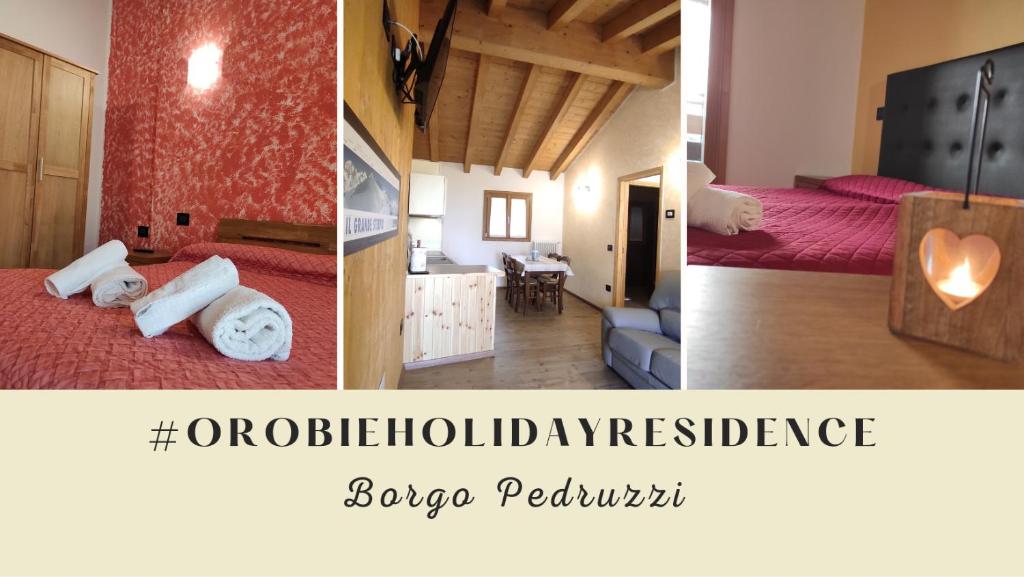 a collage of three pictures of a hotel room at Orobie Holiday Apartments in Albosaggia