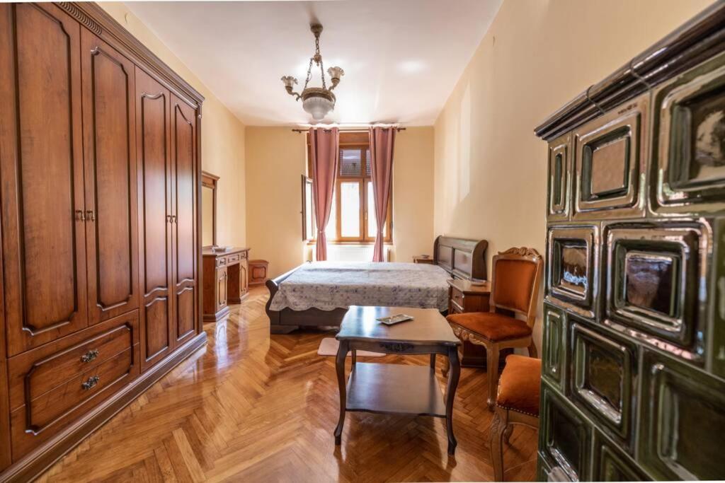 um quarto com uma cama e uma mesa num quarto em Apartman Gaudeamus em Varaždin