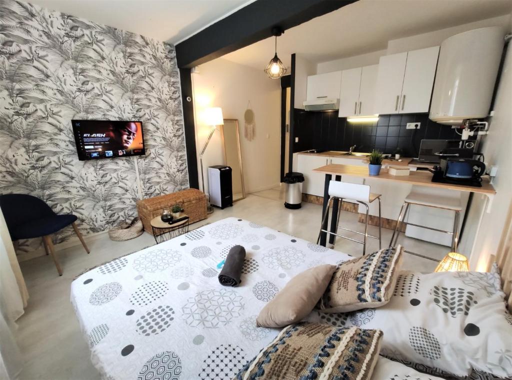 a living room with a bed and a kitchen at Le Jasmin des Carmes - Hypercentre - Netflix in Toulouse