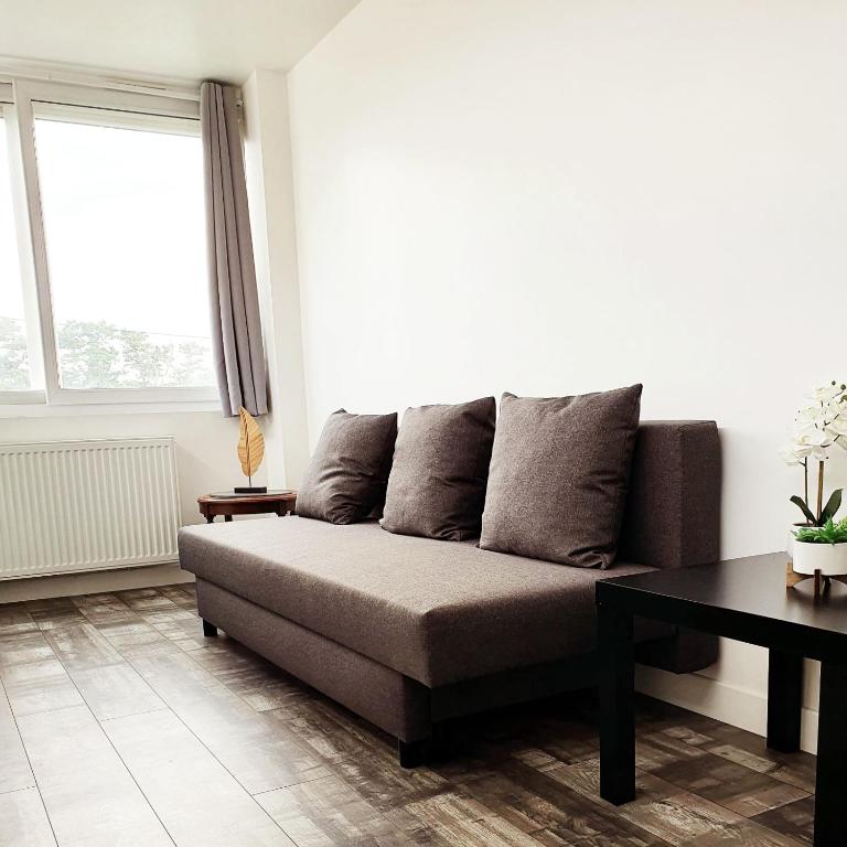 un salon avec un canapé et une table dans l'établissement G1 Le Kiwitier - corporate apartment closest Innovel&Noveos, à Clamart
