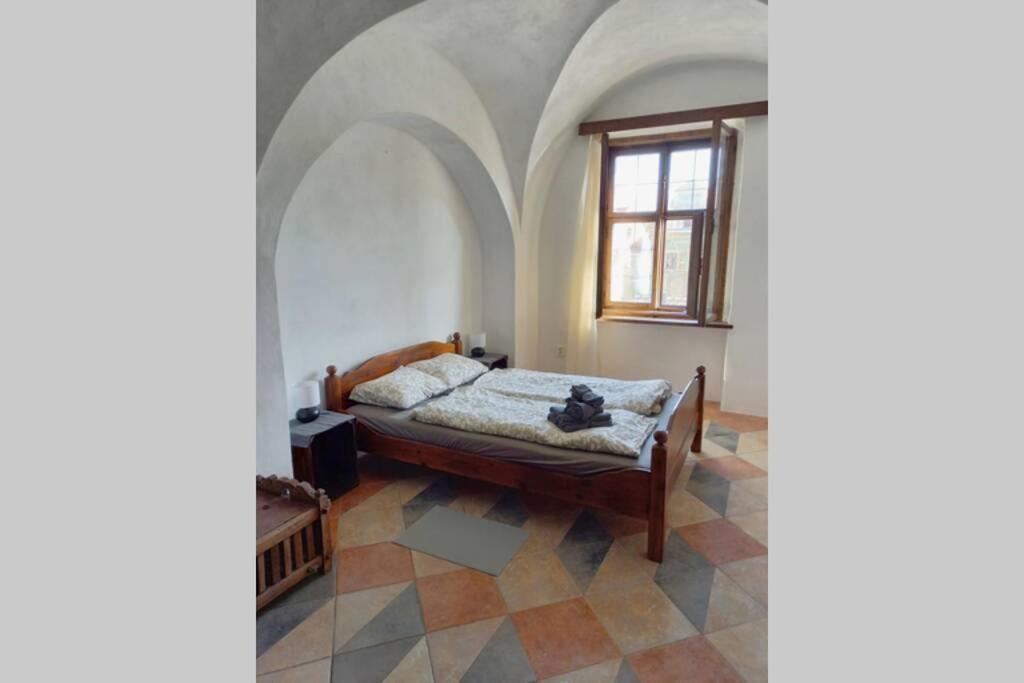 Un dormitorio con una cama en una habitación con ventana. en Renaissance Vintage Apartment A1, en Telč