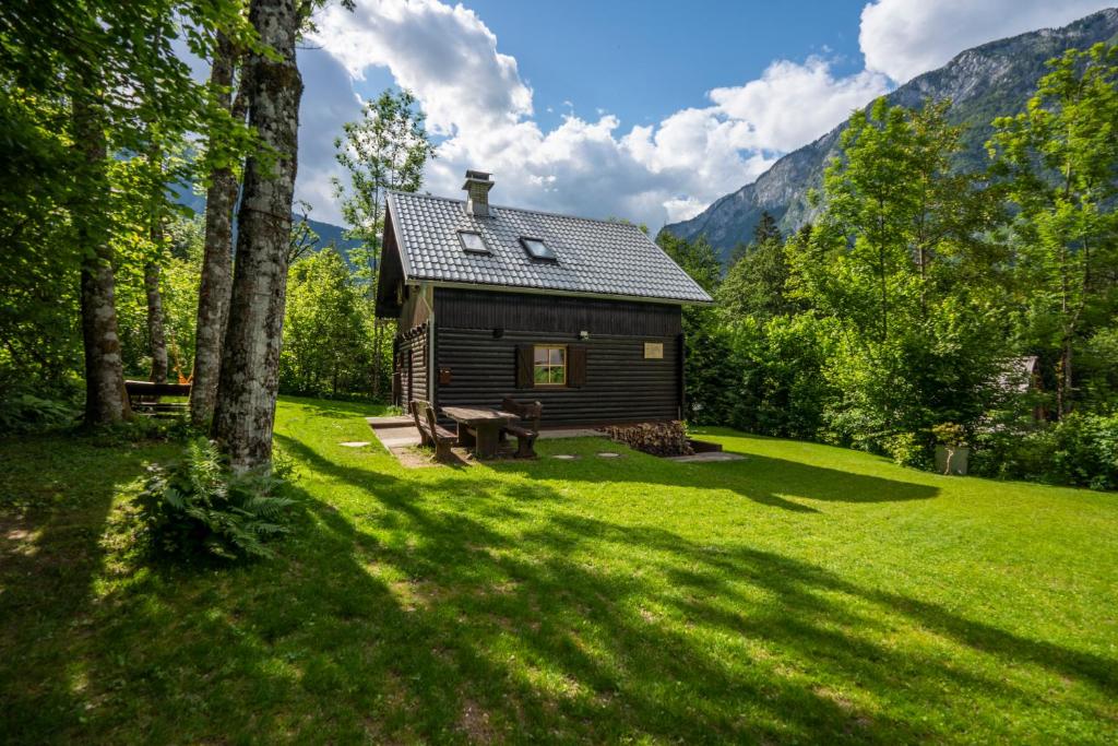 a log cabin in the middle of a green field at Chalet TISA in Bohinj