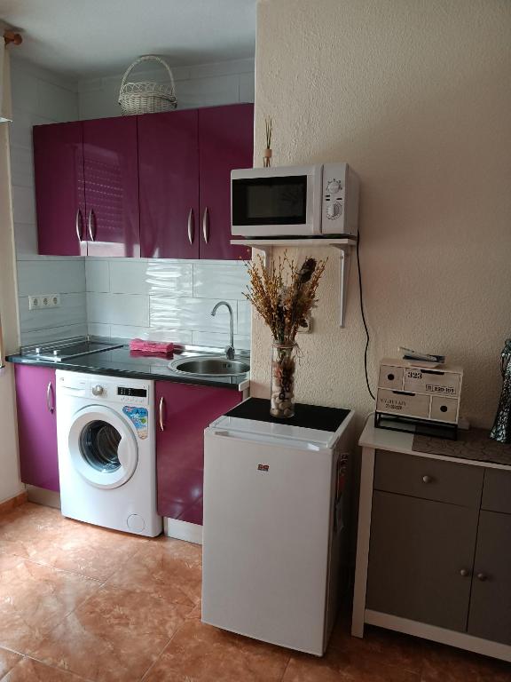 a kitchen with a washing machine and a microwave at Almudena Estudio in Torrevieja