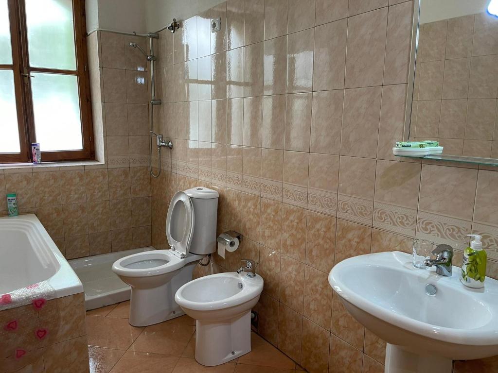 bagno con lavandino, servizi igienici e lavandino di Veranda B&B a Berat