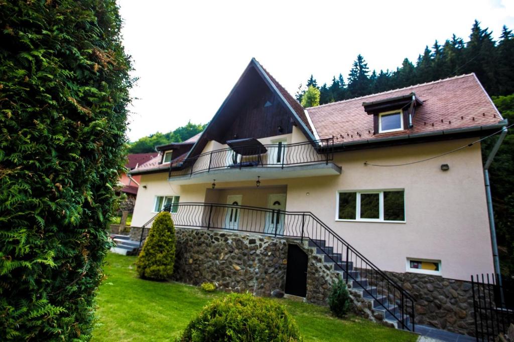 a large white house with a stone wall at VILA CATANAS in Tilişca