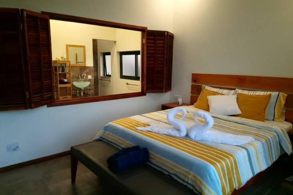 een slaapkamer met een bed en een grote spiegel bij Les Villas Thorel in Rivière Noire