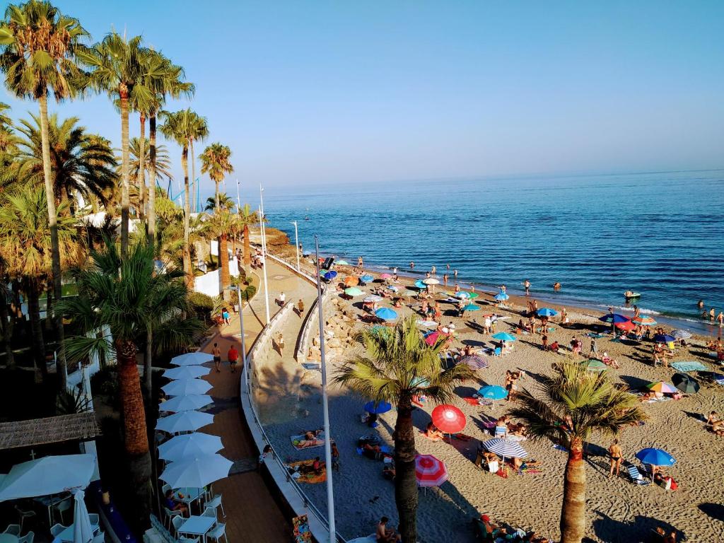 a beach with people and palm trees and the ocean at Torresol 402 in Nerja