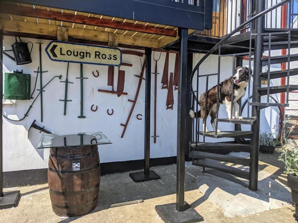 un chien debout sur un escalier à côté d'un panneau dans l'établissement Granda Pat's Loft, à Crossmaglen