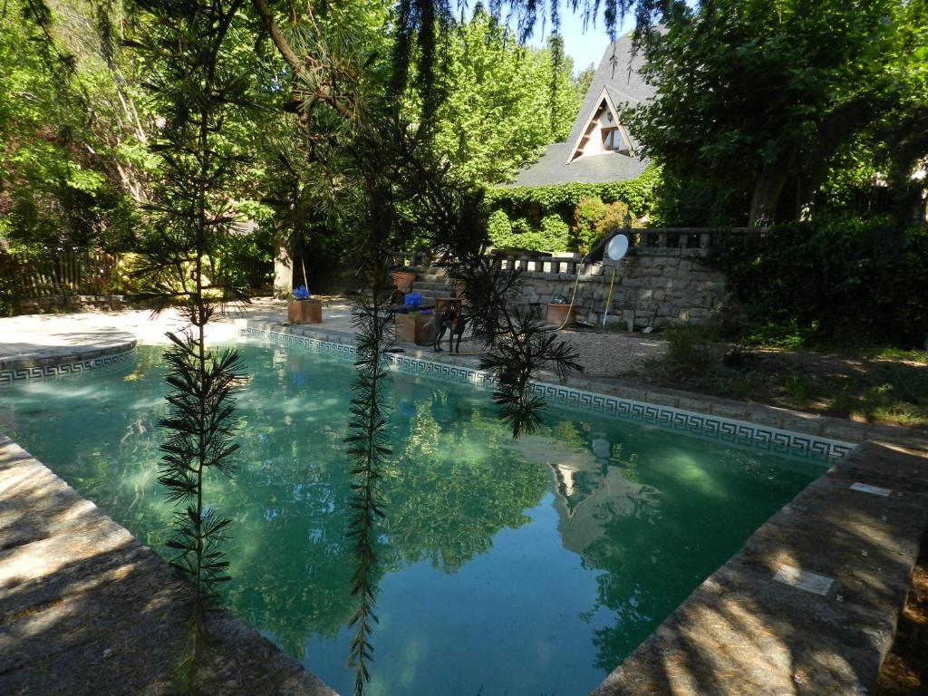 een zwembad in een tuin met bomen en een huis bij Un espacio único en un entorno de naturaleza in Navacerrada