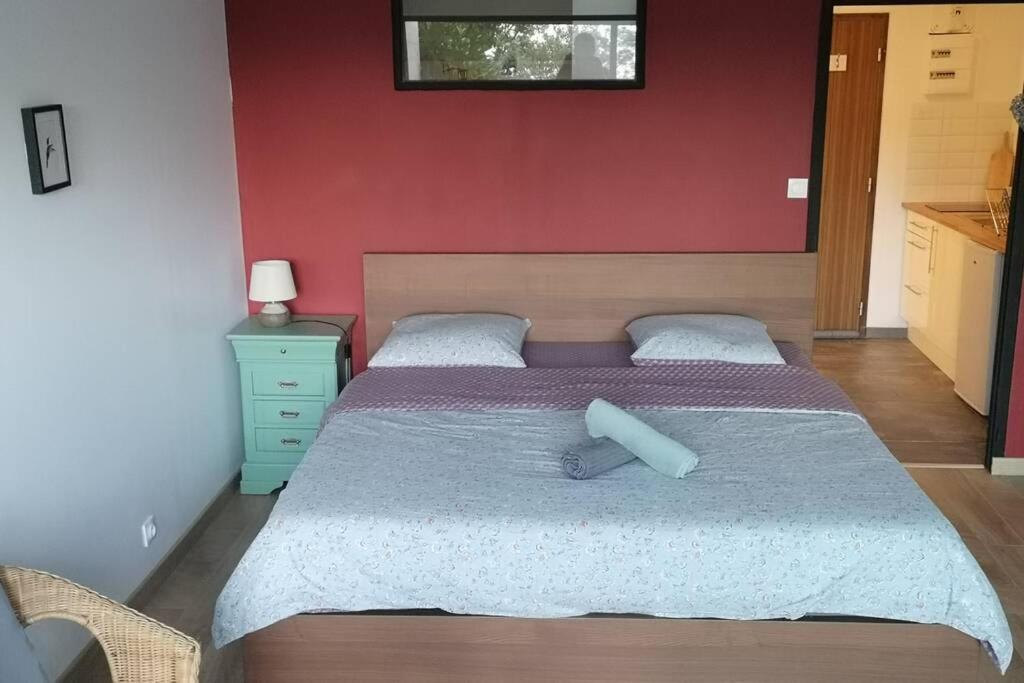a bedroom with a large bed with a red wall at Le Petit Pèlerin in Ammerschwihr