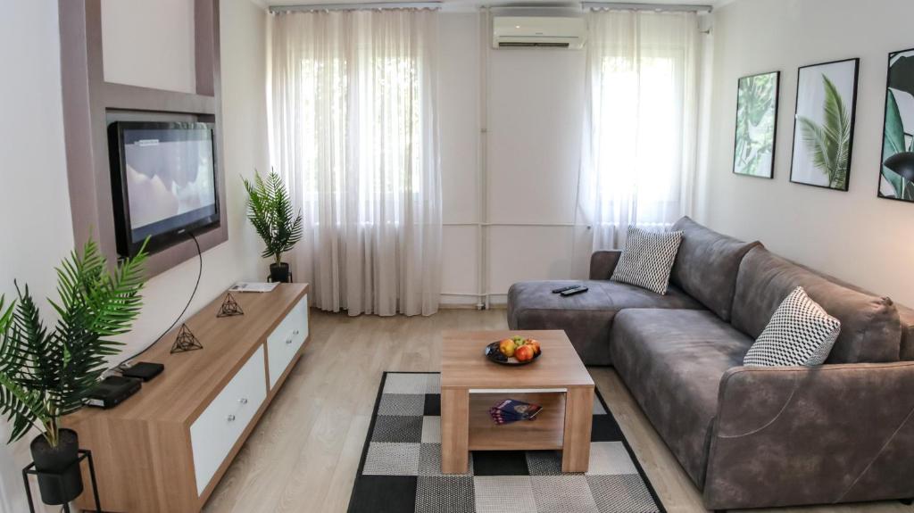 ein Wohnzimmer mit einem Sofa und einem Couchtisch in der Unterkunft New Belgrade Apartment Delta City in Belgrad