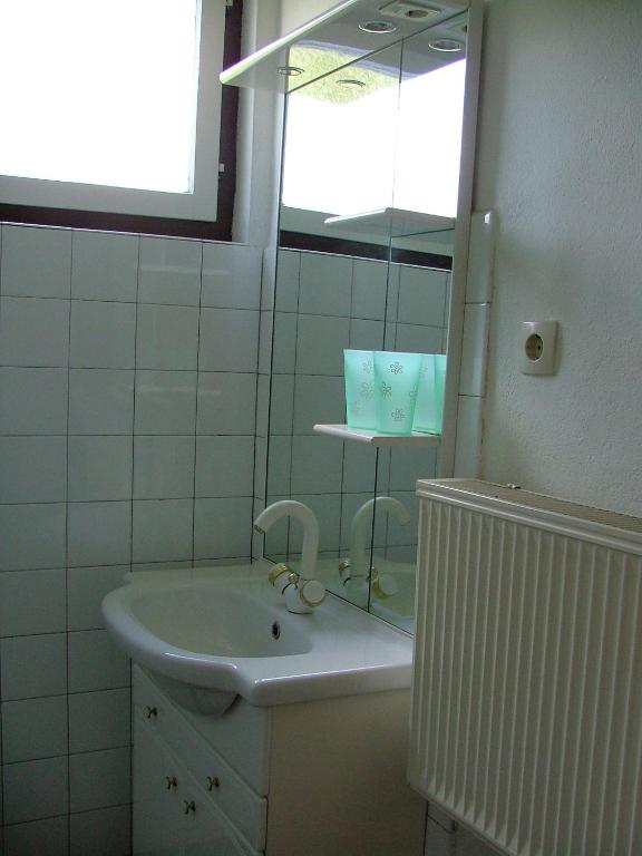 un baño con lavabo y espejo en Pension Weiss, en Drobollach am Faakersee