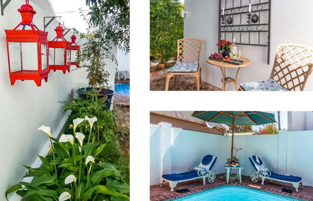 un collage de trois photos d'une maison avec une piscine et des chaises dans l'établissement Bleu Cobalt Cottage, à Franschhoek