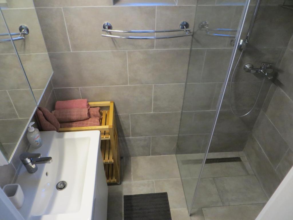 een badkamer met een douche en een wastafel bij Éva Apartmanház 3 in Csopak