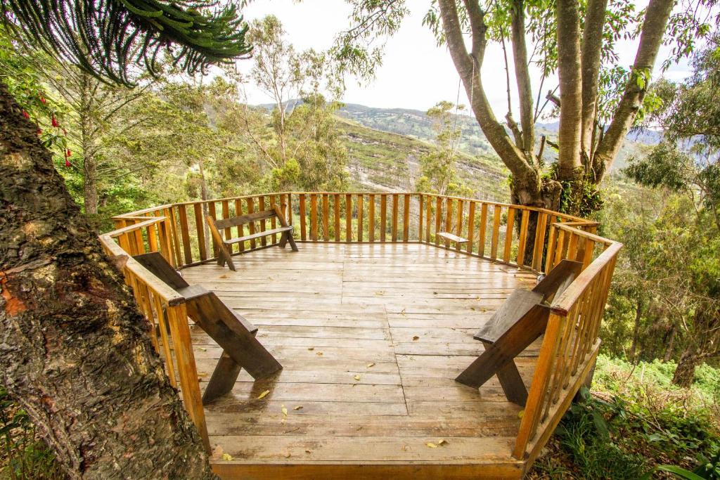 a wooden boardwalk with benches on top of a tree at Hotel Casa del Colibri in Güicán