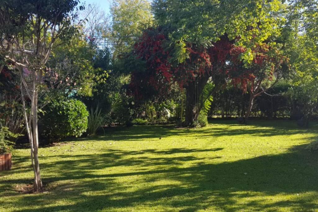 un campo de césped con árboles en el fondo en Casona LA FLORIDA con parque y pileta, a una cuadra del río en Rosario