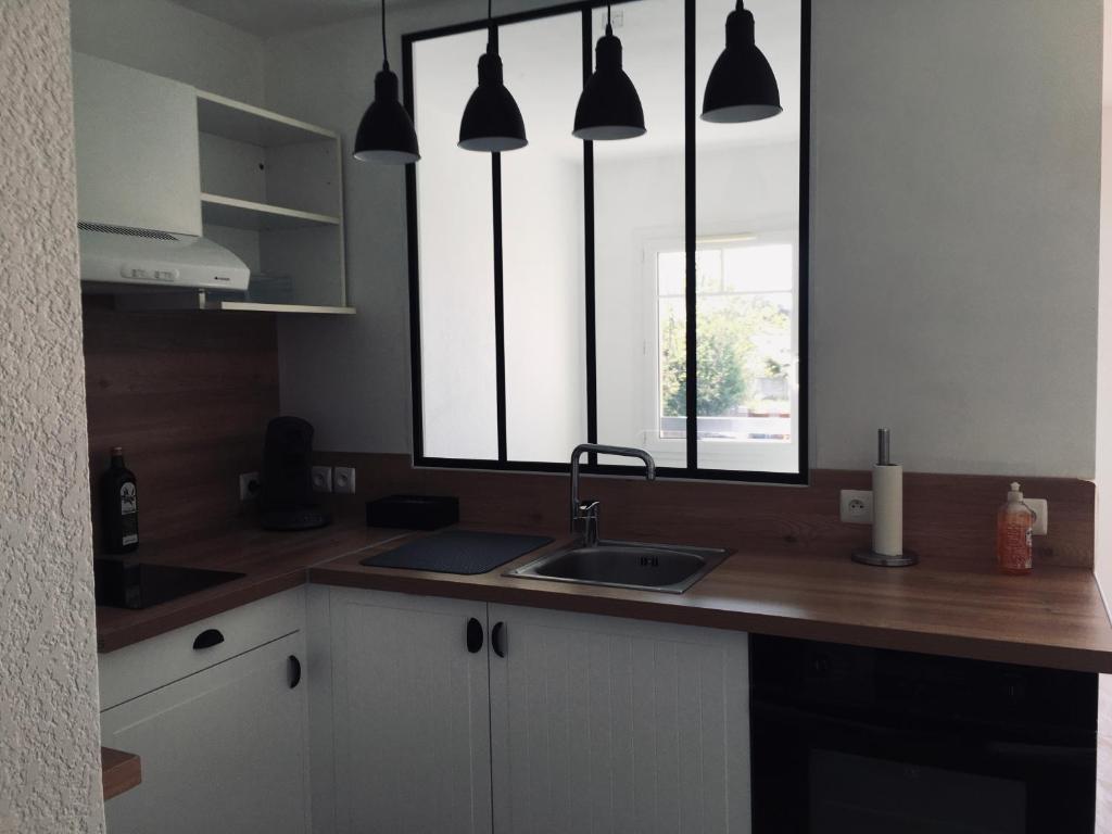 a kitchen with a sink and a window at Colibri Appart' T2 au coeur du Bassin d'Arcachon in Gujan-Mestras