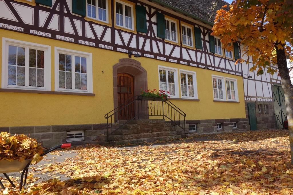a yellow house with leaves in front of it at Zur Kanne für 3-4 Personen in Trichtingen