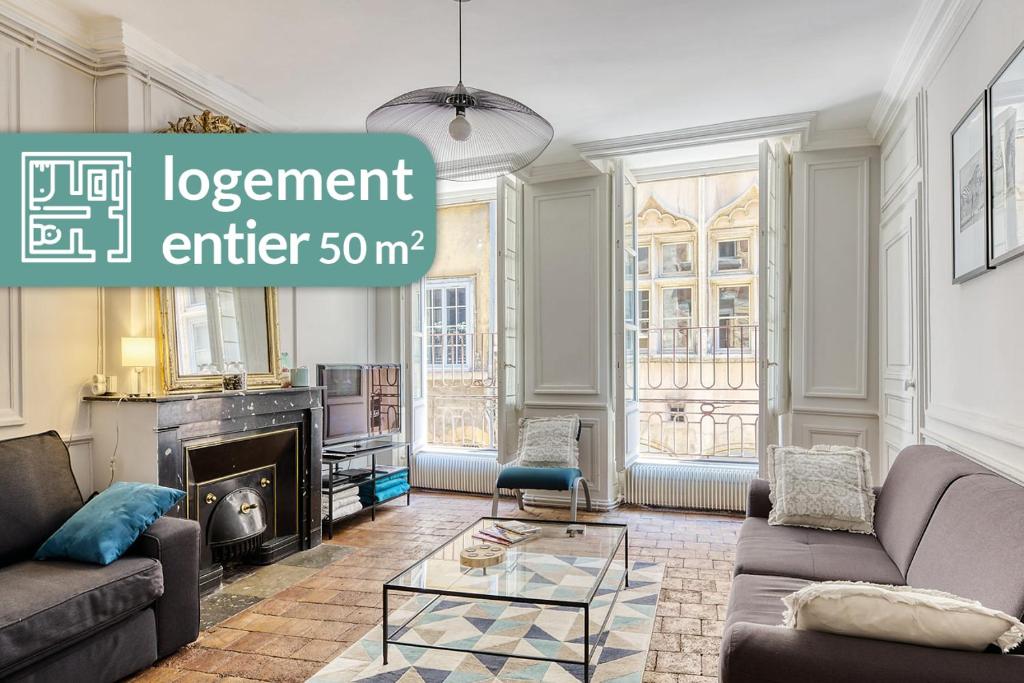 a living room with a couch and a fireplace at Appartement Saint Jean in Lyon