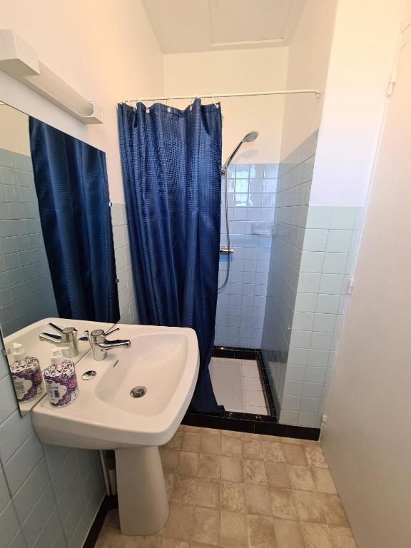 a bathroom with a sink and a shower at Puy du Fou Maison 12 personnes 4mn du Grand Parc in Les Épesses