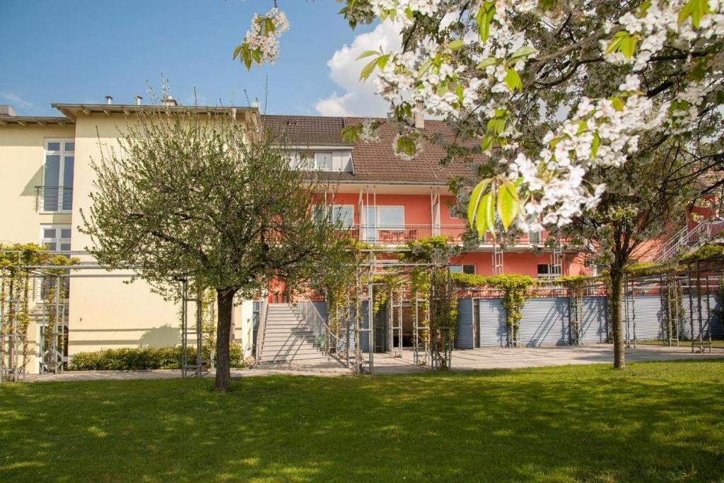 巴特塞京根的住宿－Hotel Villa Martino - zum Hirsch，一座公园,在一座建筑前有树木
