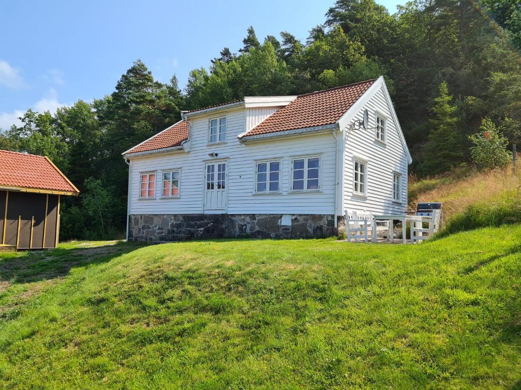 ein weißes Haus auf einem Grashügel in der Unterkunft Molandstveit in Osestad