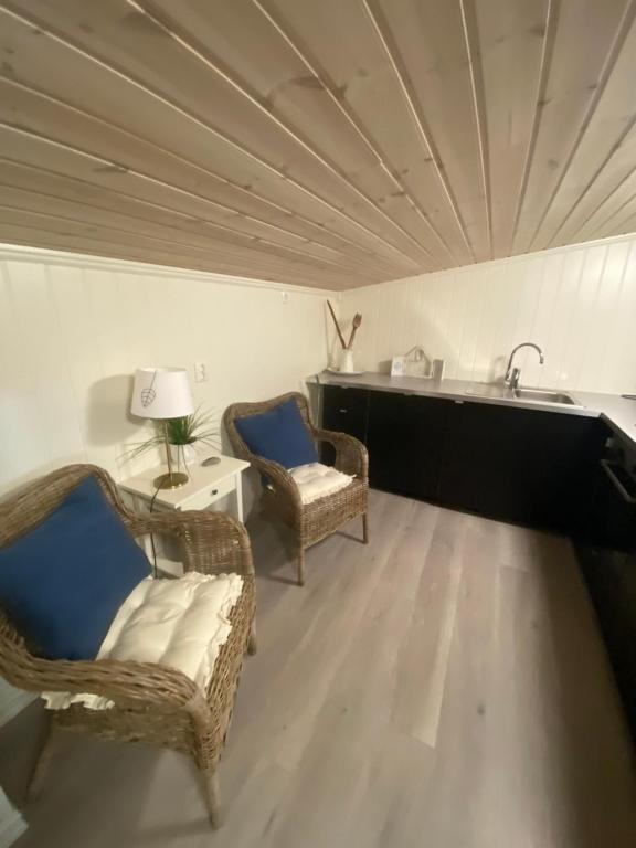 ein Wohnzimmer mit 2 Stühlen und einem Waschbecken in der Unterkunft Kvamseter Lodge private family apartment in Kvam